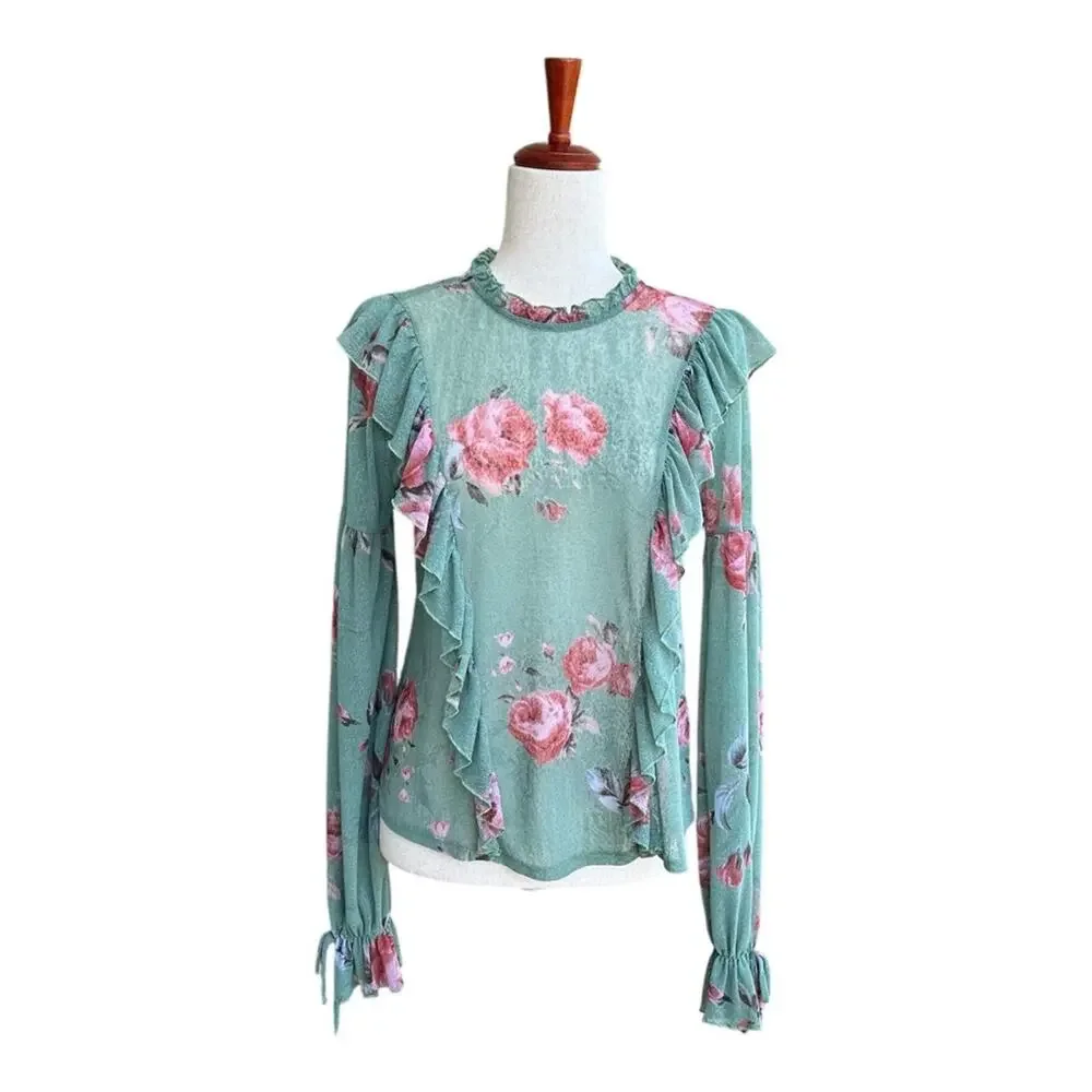Know.One.Cares Green Top Floral Ruffle Long Sleeve Semi Sheer Shirt Couquette  S - Picture 11 of 13